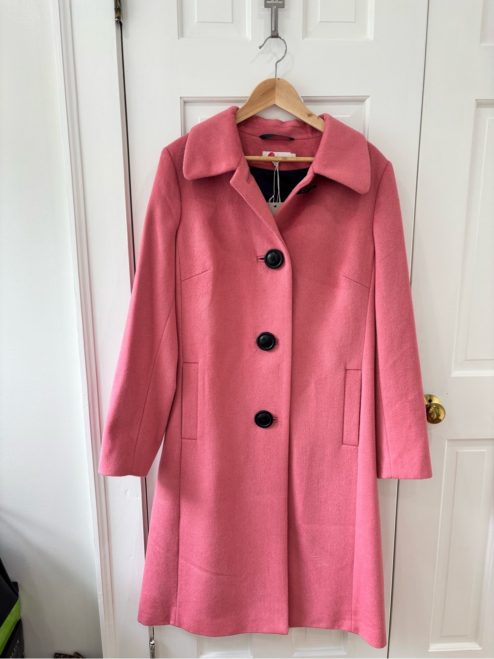 Boden Pink Single-Breasted Wool Coat with Black Buttons
